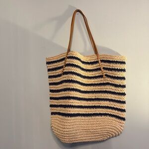 ELIZA MAY ROSE tan wicker straw hand bag 11 x 13 summer bag blue white stripes